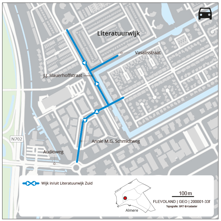 Bewoners van de Literatuurwijk zuid gaan de wijk in en uit via de Audioweg, Annie M.G. Schmidtweg en J.J. Slauerhoffstraat