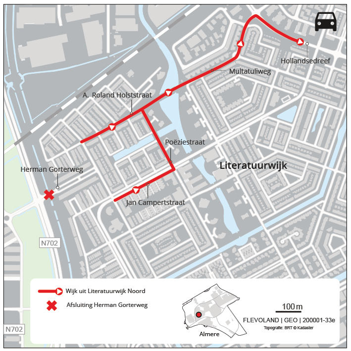 Bewoners van de Literatuurwijk noord verlaten de wijk via het fietspad bij de Multatuliweg. Dit fietspad wordt tijdelijk als éénrichtingsverkeer ingericht.