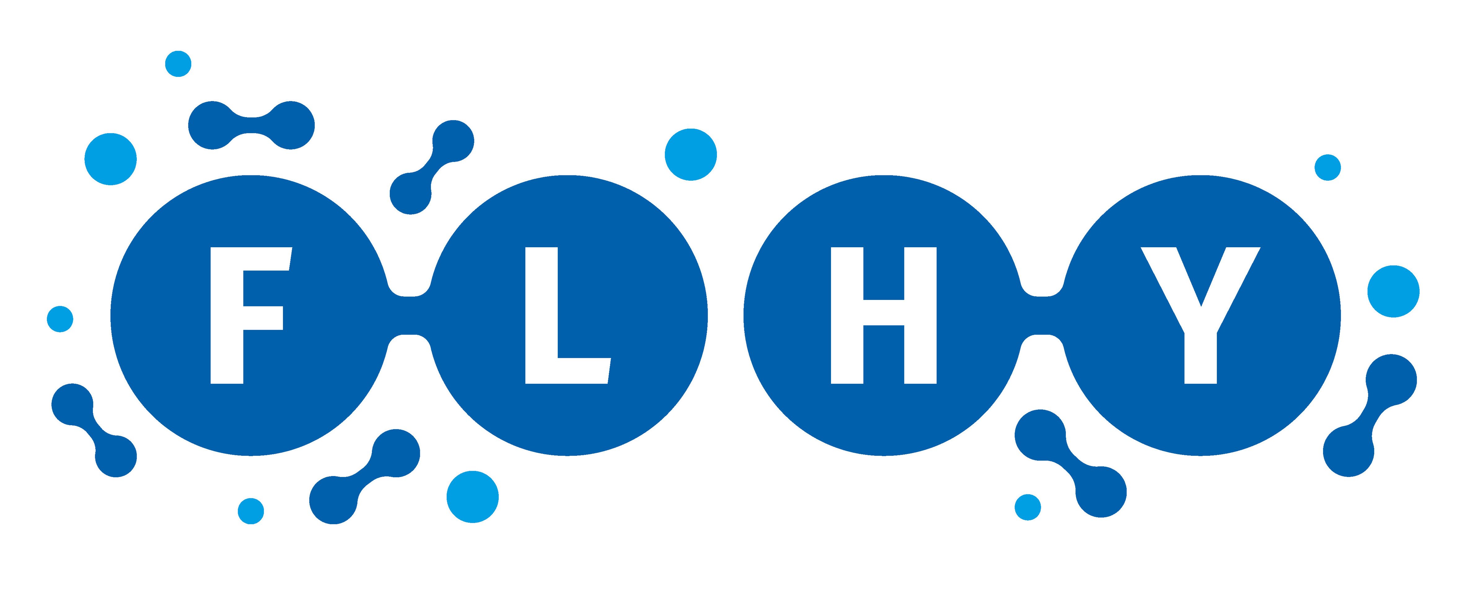 Beeldmerk van Flevoland Hydrogen Valley. Bestaand uit twee waterstofmoleculen met de letters F L H Y erin.