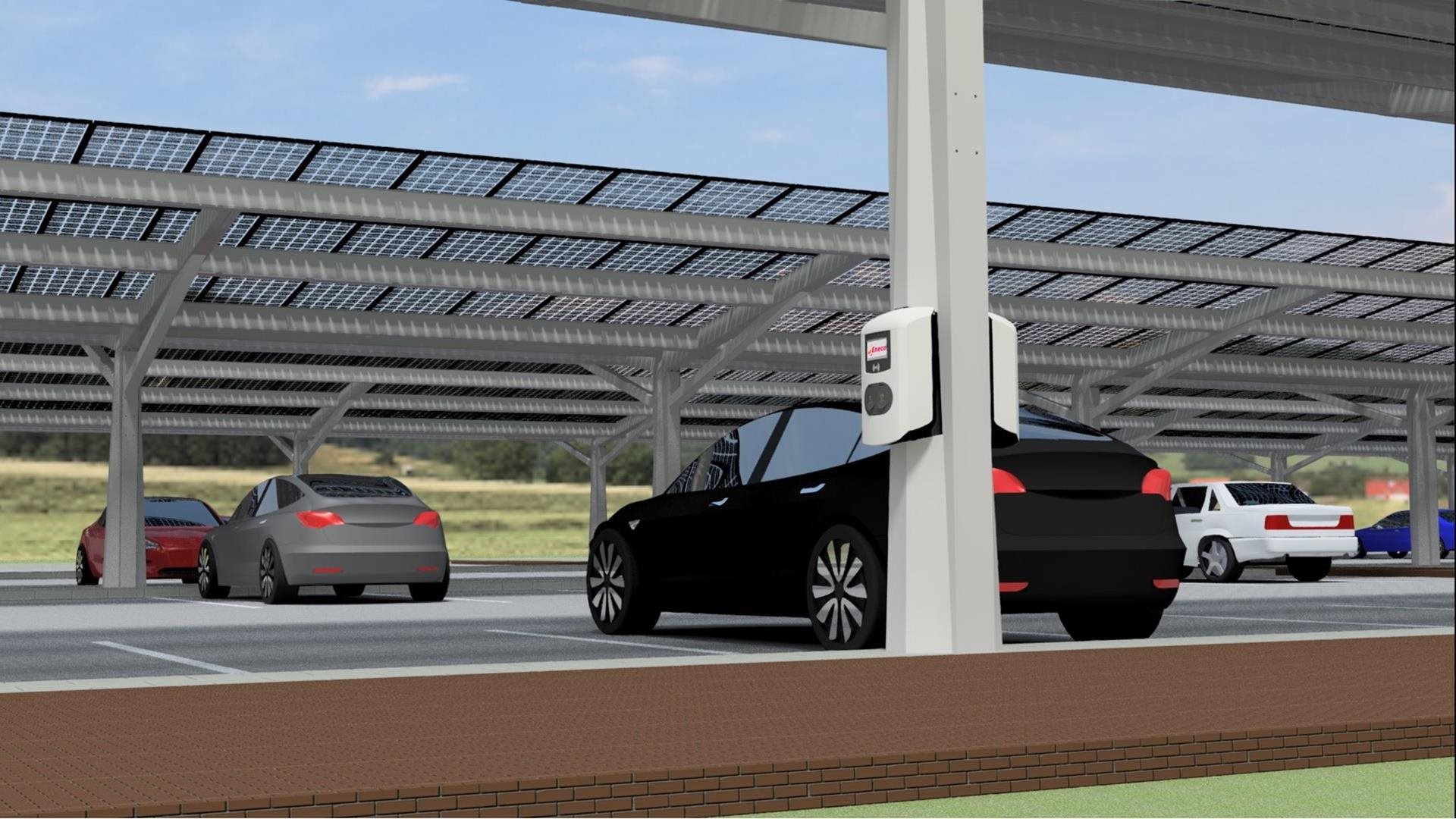 Auto's op een parkeerplaats met zonnepanelen