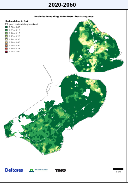Kaart van Flevoland waarop te zien is wat de totale bodemdaling 2020 - 2050 prognose is.