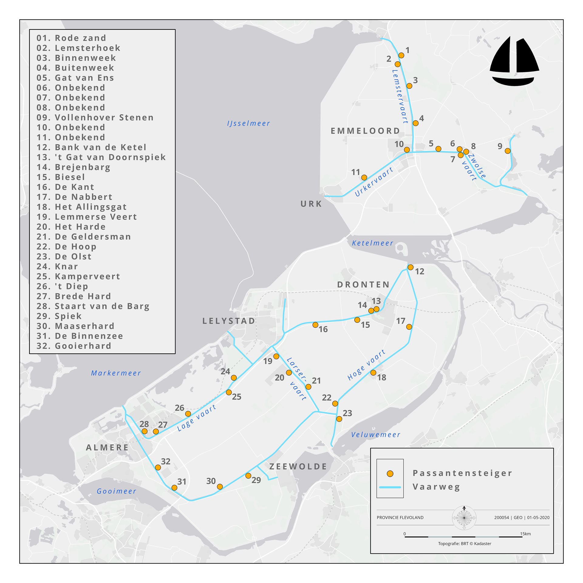 Een overzicht van 32 passantensteigers in Flevoland waar gebruik van gemaakt mag worden.