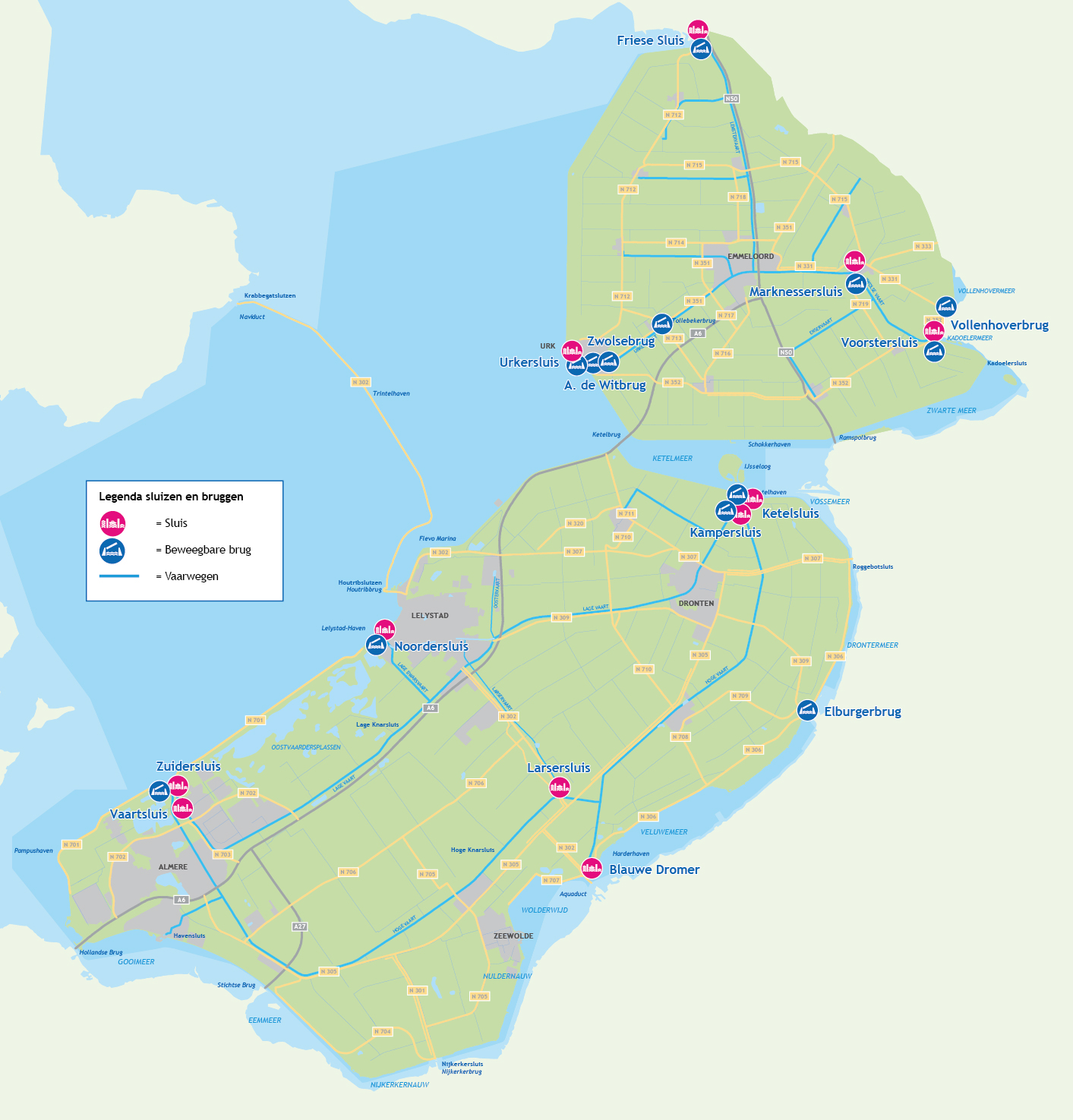 Kaart met alle bruggen en sluizen in Flevoland