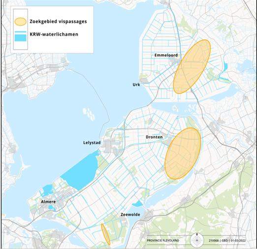 Het zoekgebied van de vispassages liggen in een rond gebied rechts van Emmeloord en Dronten en onder Zeewolde. De KRW waterlichamen liggen in de oostvaardersplassen en boven en onder Almere.